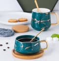 Miniatyrbillede 3 af 6: Porcelæns Tekop & Underkop Sæt til Eftermiddagste - Marmormønster (Sort, Kort 300ml + Træunderkop)