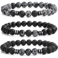 Miniatyrbillede 1 af 3: Perlearmbånd til mænd og kvinder - Mat naturlige lavastens vulkanske sten stræk armbånd - 3 stk vulkanske sten energi armbånd (alabast)