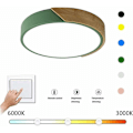 Miniatyrbilde 2 av 2: Moderne, dimbar, ultratynt, rund LED-innfelt taklampe med treramme og fjernkontroll