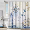 Pikkukuva 5 / 5: Merellinen suihkuverho Majakka Purjealus Kompassi Ankkuri 180 x 180 cm Kylpyverho Polyesterikangas Hometta Kestävä Vedenpitävä Pestävä Kylpyverho