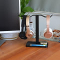 Miniatyrbilde 4 av 4: Dobbel hodetelefonstativ for skrivebord, spill laget av aluminiumslegering og metall