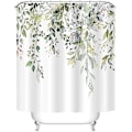 Miniatyrbillede 3 af 5: Grøn eukalyptus bruseforhængssæt akvarel blade på toppen floral badeværelse indretning 71x71 tommer
