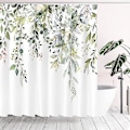 Miniatyrbillede 1 af 5: Grøn eukalyptus bruseforhængssæt akvarel blade på toppen floral badeværelse indretning 71x71 tommer