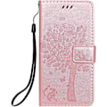 Miniatyrbillede 2 af 5: iPhone 12 Pro (6,1 tommer) Etui, PU Læder Wallet Etui, Stødsikkert Flip Etui Cover Retro Præget Kat og Træ Serie til iPhone 12 Pro (6,1 tommer) - Rose