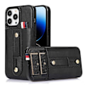 Miniatyrbillede 1 af 4: Læder telefoncover med håndledsrem, støttefod og pung til iPhone 14 Pro Max