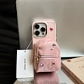 Miniatyrbild 3 av 4: För iPhone 14 Pro TPU Skal Läder Liten Skolväska Design Mobilskal med Axelrem - Rosa