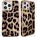 Miniatyrbild 1 av 5: Lyxigt Leopardmönstrat Mobilskal för iPhone 15 Pro Max, Mode Pläterad Lädersida Ramdesign Stötsäkra Skyddsfodral Kvinnor för Apple 15 P