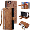 Miniatyrbillede 1 af 5: Wallet Case til Iphone Se 2022 5g/iphone 7/iphone 8/iphone Se 2020, 9 Kort Holder Slots Lynlås Lomme Håndtaske Etui Pu Læder Etui - Brun