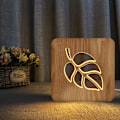 Miniatyrbilde 1 av 4: Bladformede ornamenter i massivt tre 3D liten nattlampe