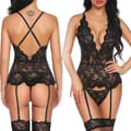 Sexet lingeri til kvinder, stropper, blonde, transparent bodysuit & strømpebukser, sort, M Black M