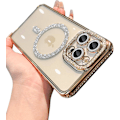 Miniatyrbild 1 av 5: Magsafe Magnetisk Lyx Plätering Bling Strass Diamant Glittrande Stöttåligt Skal För Iphone 15 Pro Max 15 Ultra Gold