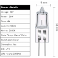 Miniatyrbild 2 av 5: G4 Halogenlampor, G4 Halogen Stiftsockellampa 12V 20W, 2800K Dimbar Varmvit G4 Klar Kapsellampa 20-pack