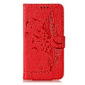 Miniatyrbilde 2 av 4: Lærveske med fjærmønster og litchimønster, horisontal flip-veske med lommebok, holder og kortspor for Motorola Moto G7 Play Red