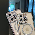 Miniatyrbillede 5 af 5: Magsafe Magnetisk Luksus Belægning Bling Rhinestones Diamant Glitrende Stødsikkert Cover Til Iphone 15 Pro Max 15 Ultra Silver