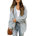 Miniatyrbillede 1 af 3: Dame Trøje Efterår/Vinter Ballonærmer Dame Kappe Mode Chunky Uldlommer Casual Strikket Cardigan Grå grey M