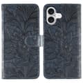 iPhone 17 Läderfodral med Spetsblommor och Präglad Design Mörkblå