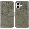 iPhone 17 Läderfodral med Spetsblommor och Präglad Design Grå