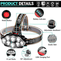 Miniatyrbillede 2 af 5: Pandelampe, Super Bright 8 Led Pandelampe USB Genopladelig Vandtæt Justerbar til Camping, Fiskeri, C