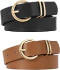 Läderbälten för kvinnor, för jeans, klänningar, mode, guldspänne, midjebälte, 2-pack
