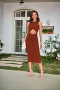 Women's Short Sleeve Maxi Dresses Light Brown S