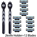 Miniatyrbilde 1 av 7: 3-lags barberblad, manuell barbermaskin for menn i rustfritt stål, retro våt barbering, gjenbrukbar barberhøvel 2 Holdere 12 Blader 2 Holder  12Blades