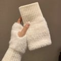 Miniatyrbild 6 av 8: Mjuka plyschvantar för vinter, halvfingerhandskar för damer, stickade fingerlösa handskar, rosa, onesize Pink onesize
