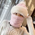 Pikkukuva 2 / 5: Naisten tuulenpitävä pyöräilyhuivi, talvihuivi, lämmin fleece-naamio, lämpöhattu pom-pomilla hiihtoon ja pyöräilyyn (Yksi koko, vaaleanpunainen)