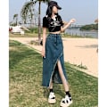 Miniatyrbillede 3 af 10: Split denimnederdel A-line nederdel SORT L Black L