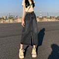 Miniatyrbillede 10 af 10: Split denimnederdel A-line nederdel SORT L Black L