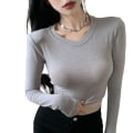 Miniatyrbillede 1 af 10: Langærmede Crop Tops T-Shirts LYS GRÅ XXL Light Grey XXL