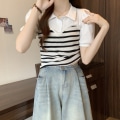Miniatyrbillede 10 af 10: Strikket Stripe T-shirt Alsidig Top SORT Black