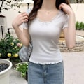 Pikkukuva 6 / 10: Naisten lyhythihainen T-paita Lace Edge Pusero WHITE M White M