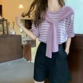 Miniatyrbilde 9 av 10: Falsk todelt Stripe T-skjorte kort topp ROSA ROSA Pink