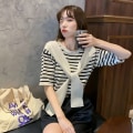 Miniatyrbillede 7 af 10: Falsk Todelt Stripe T-shirt Kort Top MØRK APRIKOS MØRK Dark Apricot