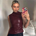 Miniatyrbild 5 av 10: Fashion Asymmetrisk Top Läder Ruched Väst WINE RED M Wine Red M