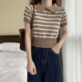 Miniatyrbillede 9 af 10: Strikket Stripe T-shirt Kort Top APRIKOS Apricot