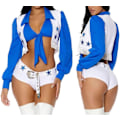 Miniatyrbild 2 av 4: Dallas Cheerleader-kostym för kvinnor - Flickkläder Vuxen Halloween - 3-delad skjorta väst och vita shorts XL