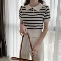 Miniatyrbillede 3 af 10: Strikket Stripe T-shirt Kort Top HVID White