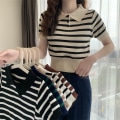 Miniatyrbilde 10 av 10: Strikket Stripe T-skjorte Kort Topp APRIKOS Apricot