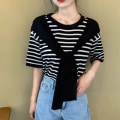 Miniatyrbillede 1 af 10: Falsk todelt stribet T-shirt kort top SORT SORT Black