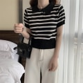 Miniatyrbillede 4 af 10: Strikket Stripe T-shirt Kort Top HVID White