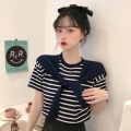 Miniatyrbilde 4 av 10: Falsk todelt Stripe T-skjorte kort topp SVART SVART Black