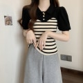 Miniatyrbilde 9 av 10: Strikket Stripe T-skjorte Allsidig Topp SVART Black