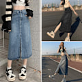 Miniatyrbillede 8 af 10: Split denimnederdel A-line nederdel SORT L Black L