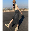 Miniatyrbillede 3 af 10: Split denimnederdel A-line nederdel SORT L Black L