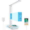 Miniatyrbillede 1 af 5: LED-skrivebordslampe med trådløs oplader, USB-opladningsport, justerbar sammenklappelig bordlampe med ur, alarm, dato, temperatur, 5-trins dæmpbar