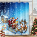 Miniatyrbild 1 av 4: Blå julgardiner för badrum, julgardiner för dusch, jultomte, ren med släde, stuga, blå julväv för badrum
