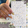 Miniatyrbilde 1 av 5: 5D-embosserte blomsterklistremerker for neglekunst, selvklebende neglekunst-klistremerker med hvite tusenfryd- og blad-design