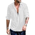 Miniatyrbilde 1 av 2: Herre Lapel Cardigan Skjorte - Langærmet Skjorte Hvit Stripete Trykt Knappelukke Bluse Høst Plus Size Klær For Feriefest Klær (Størrelse: 4XL)