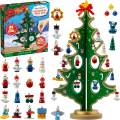 Miniatyrbillede 1 af 5: Julekalender med 24 dages nedtælling, bordplade i træ juletræ og 28 ornamenter snemand julemand dekorationer